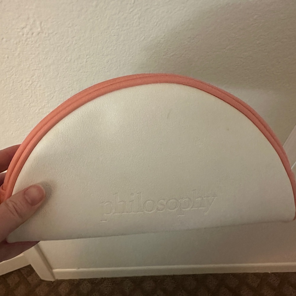 Philosophy White Half-Moon Cosmetic Pouch with Coral Trim